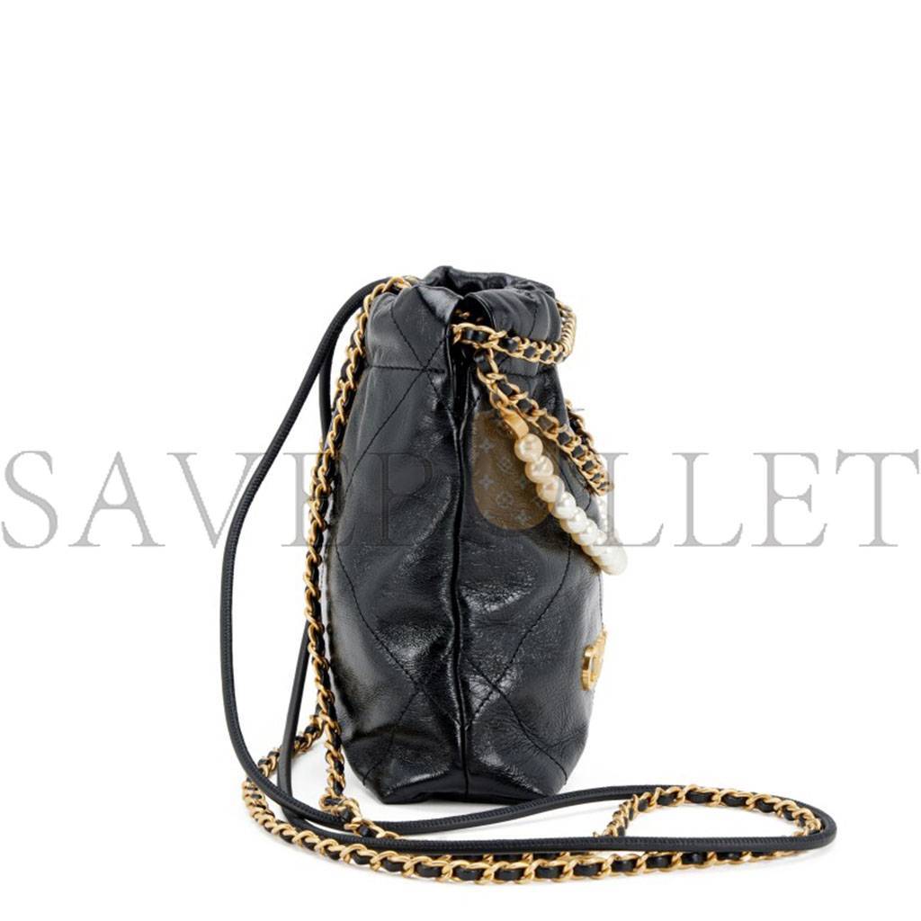 CHANEL MASTER SHINY CRUMPLED CALFSKIN QUILTED PEARL MINI CHANEL 22 BLACK AS3980 (20*19*6cm)